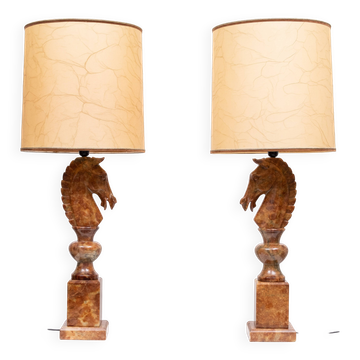 Large Horse Head Chess Knights Lamp in Carved Alabaster, taly, 1960s, Set of 2