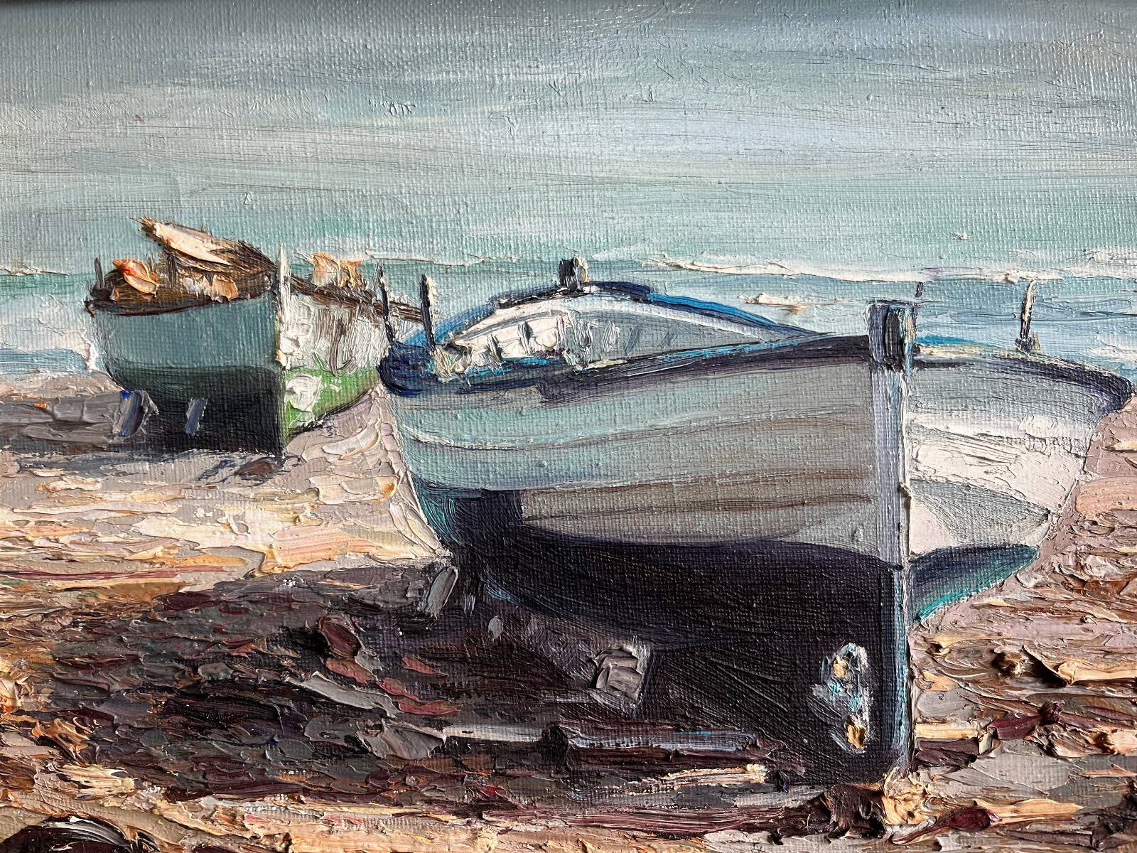 Tableau HST "Barques sur la Plage" éc. XX° Signé M. Marti