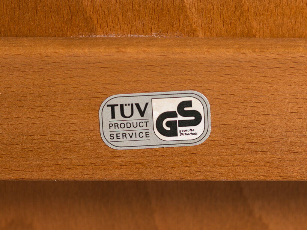Children's high chair in solid tinted beech, seat and back in imitation cream leather, certification