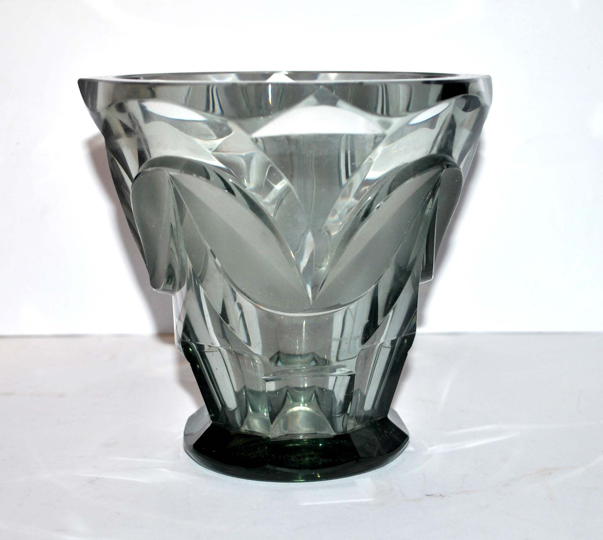 Art deco vase in grey glass engraved with acid czechoslovakia 1920