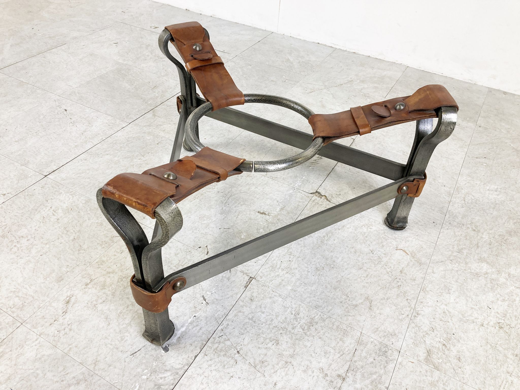 Mid century iron and leather coffee table, 1950s