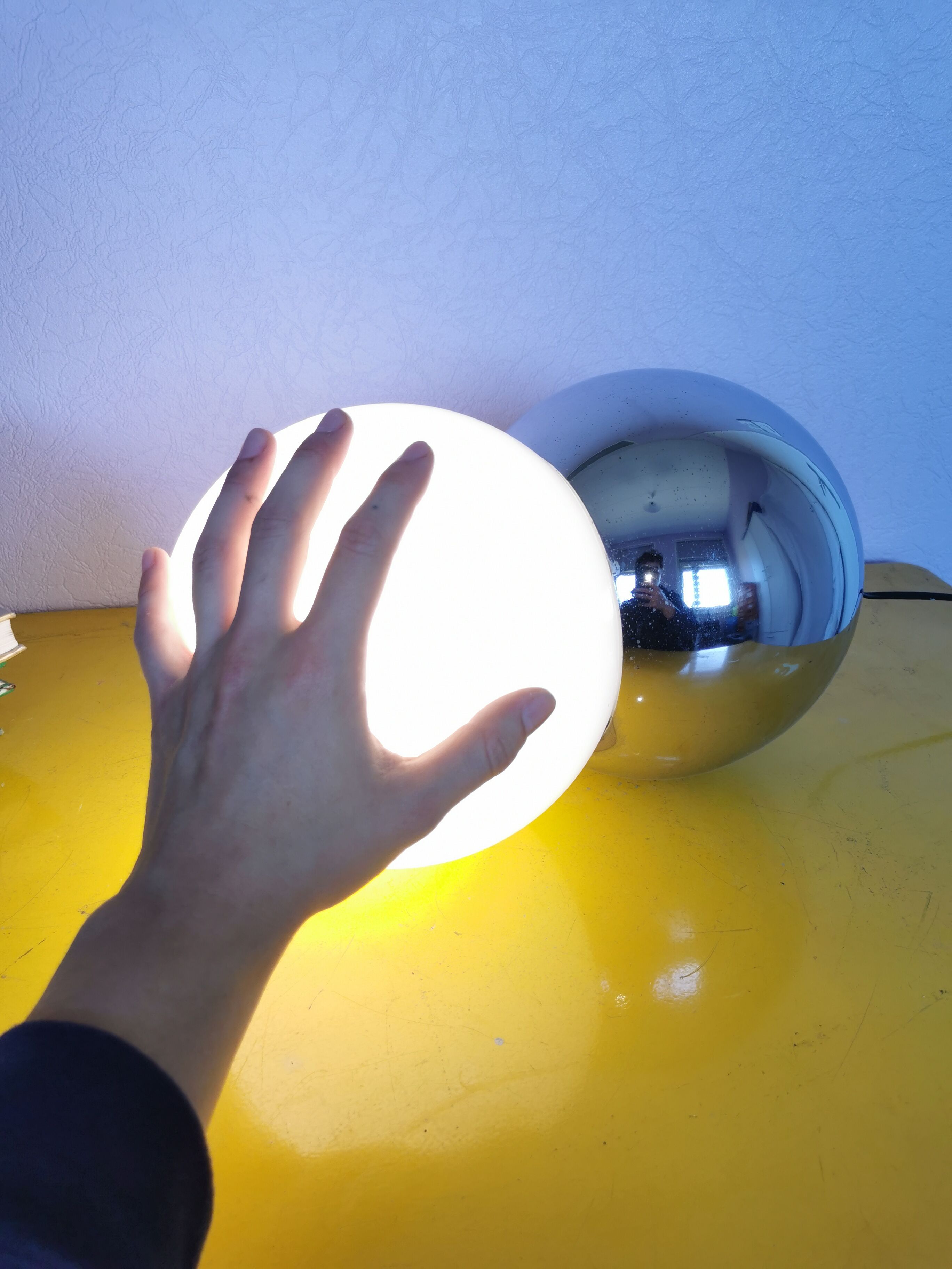 Lamp molecule, two balls, globe in opaline and stainless steel, 1970