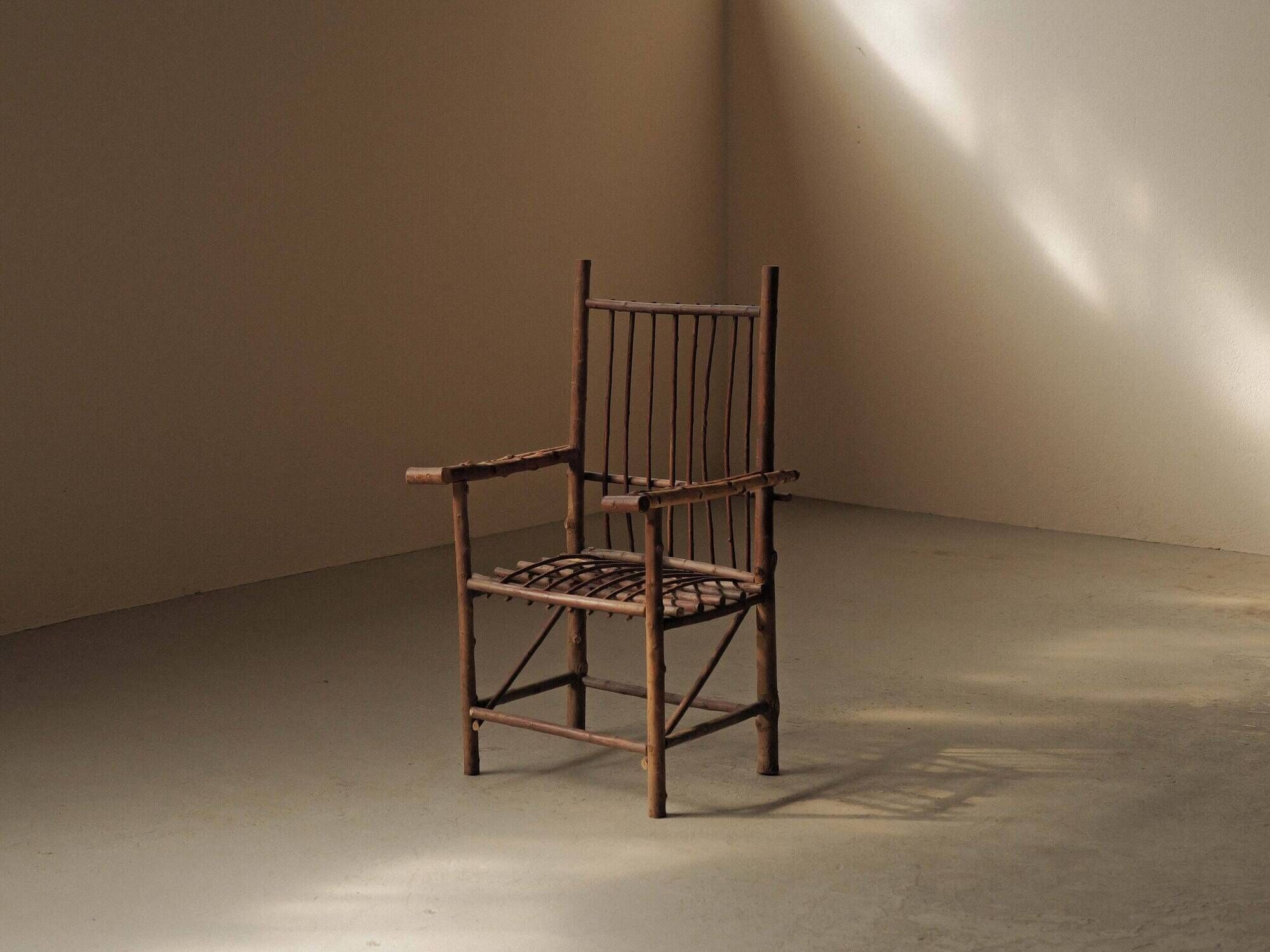 Brutalist armchair made of hazel branches, circa 1970.