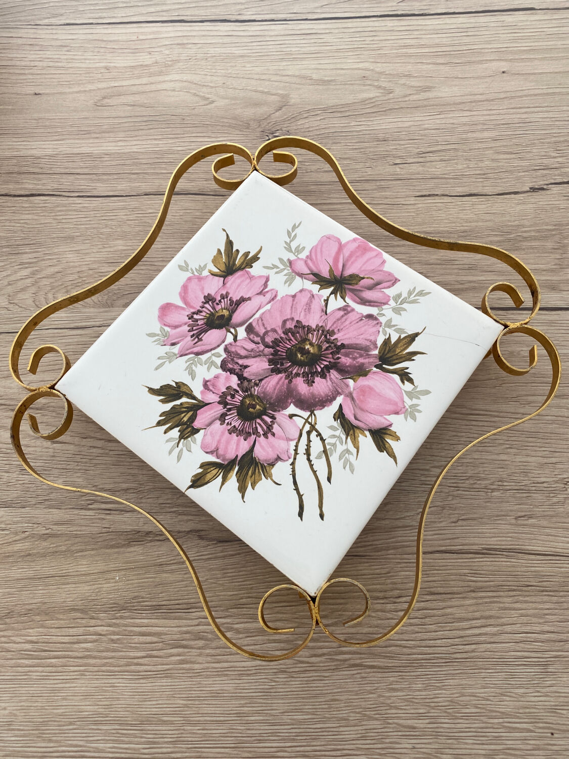 Vintage pink and gold faience floral trivia La Ferté Gaucher France