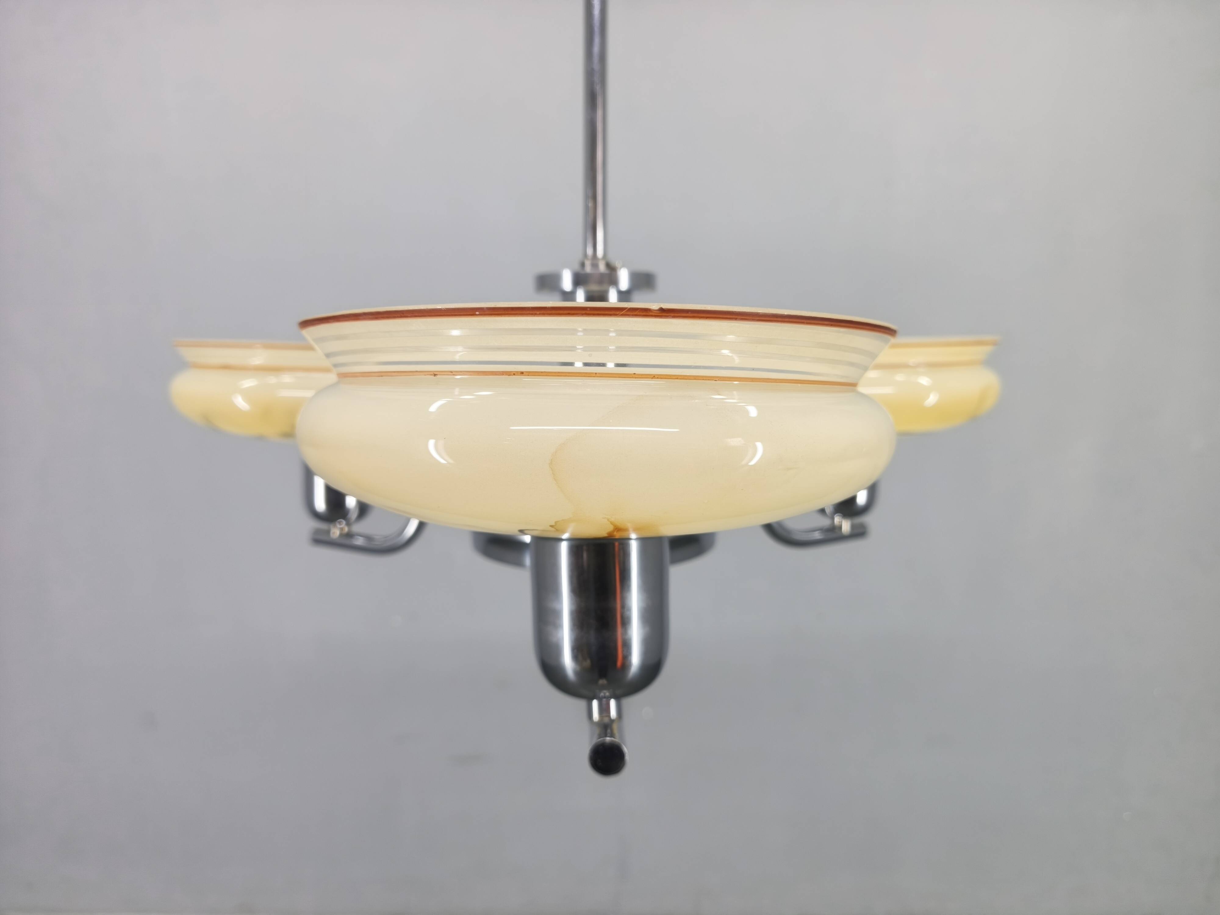 Art Deco Chandelier by Napako, Chrome & Marble Glass, 1930s