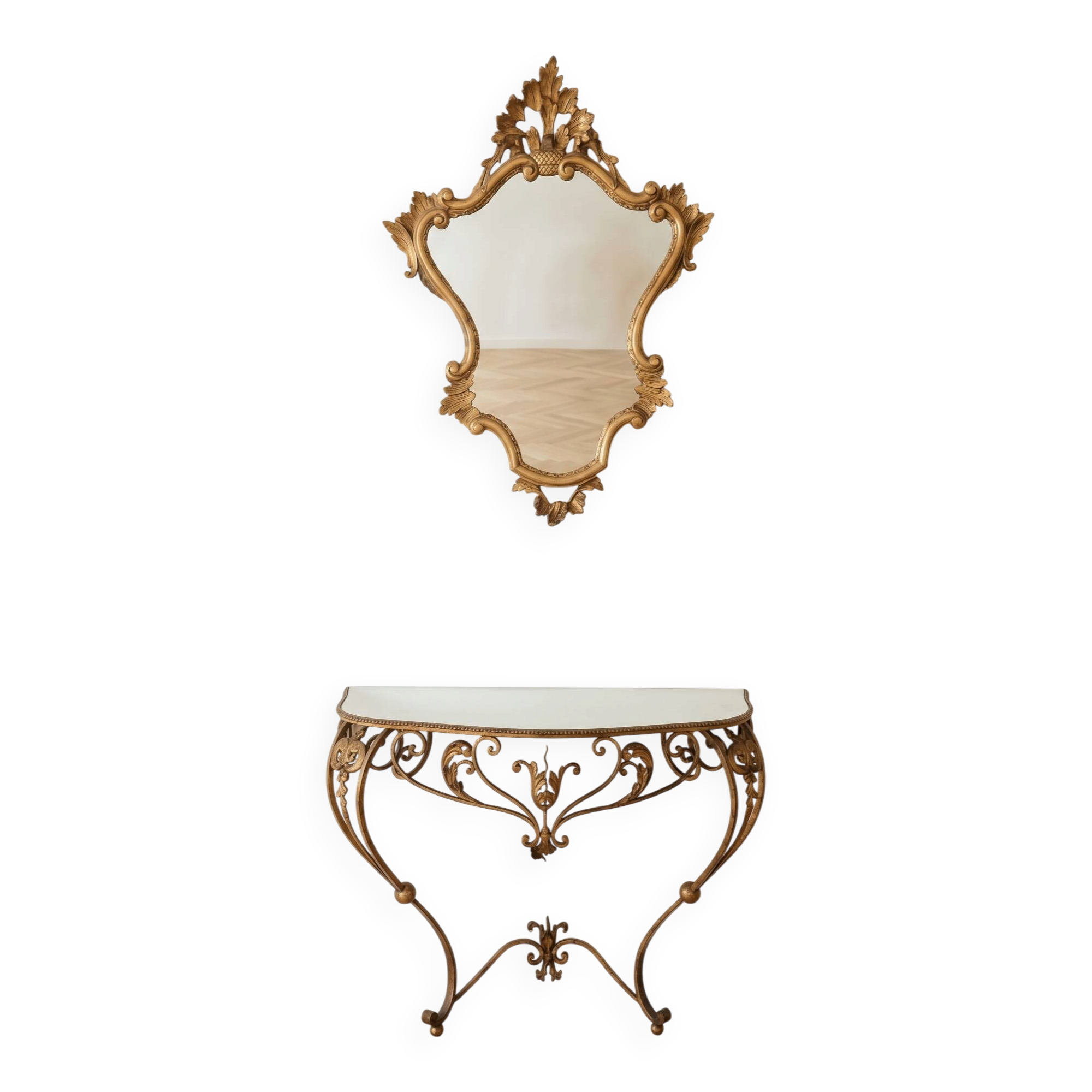 Golden wrought iron console and mirror in rococo style.