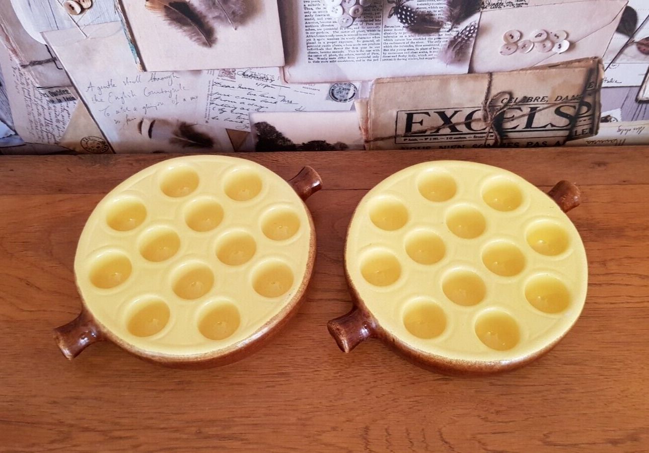 Set of 2 french brown 1 yellow escargot snail cook pots 12 snail wells 3885