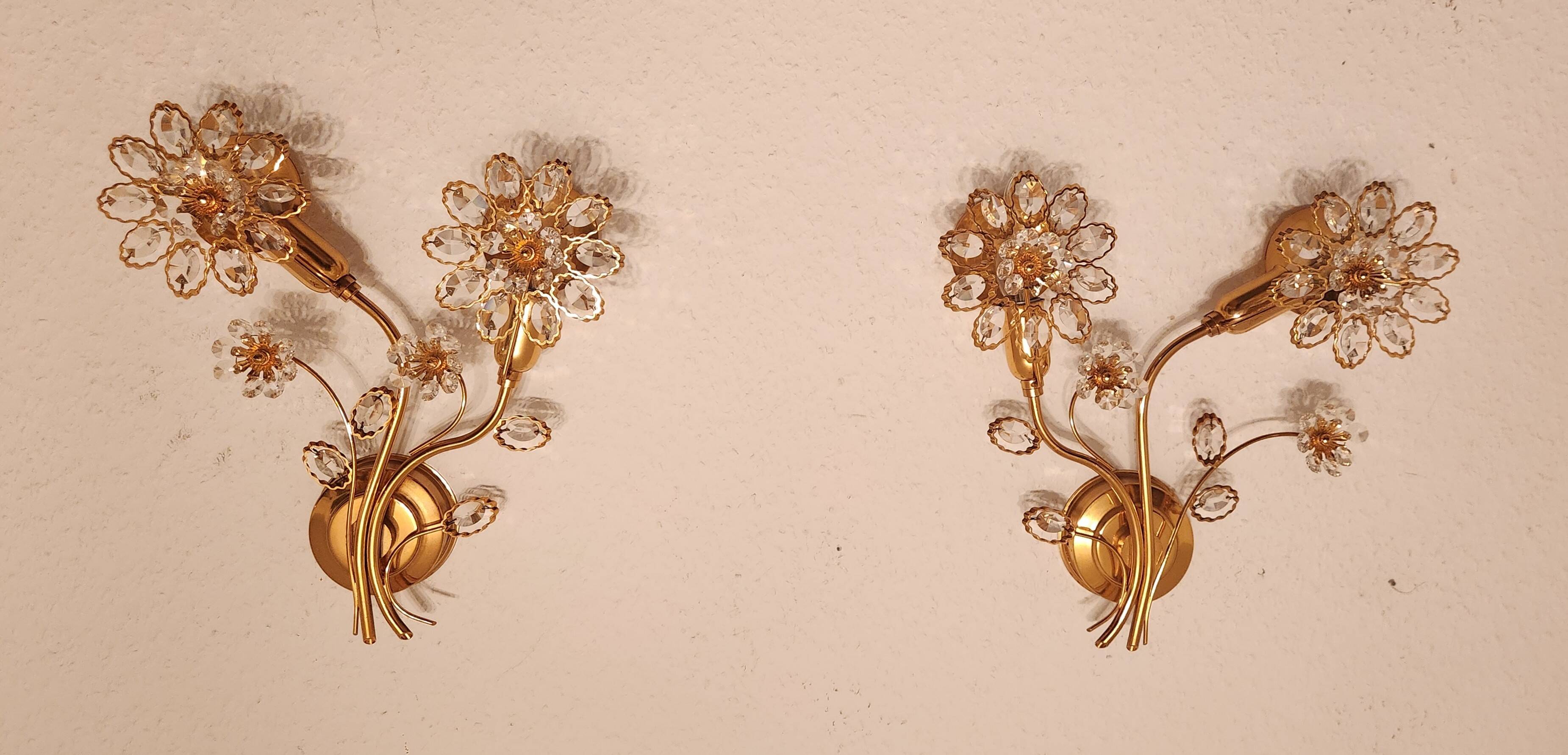 Set Hollywood Regency Wandlampe vergoldet Messing Swarovski-Kristalle Palwa