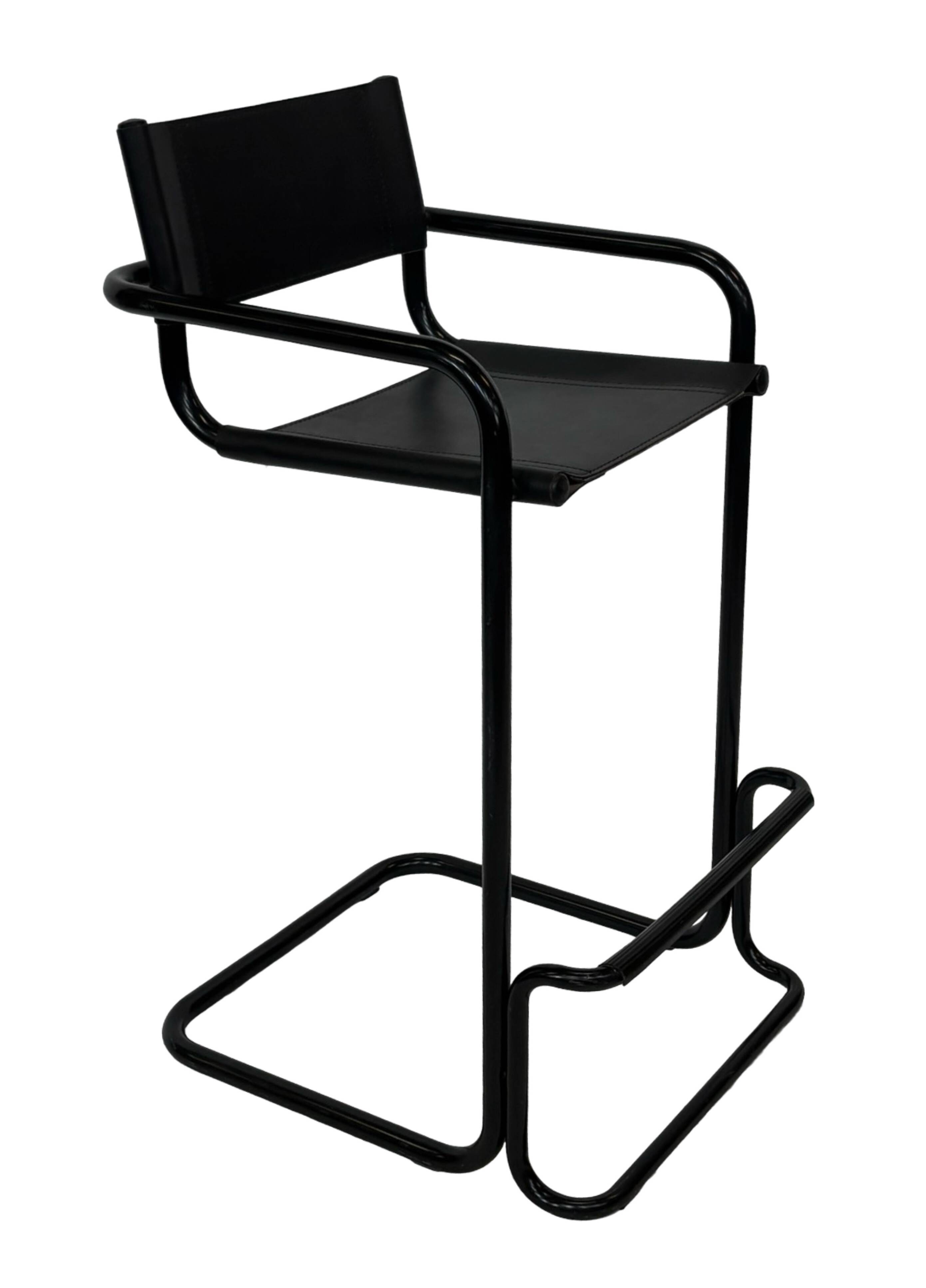 Vintage Black Leather & black frame Italian Modern Barstool