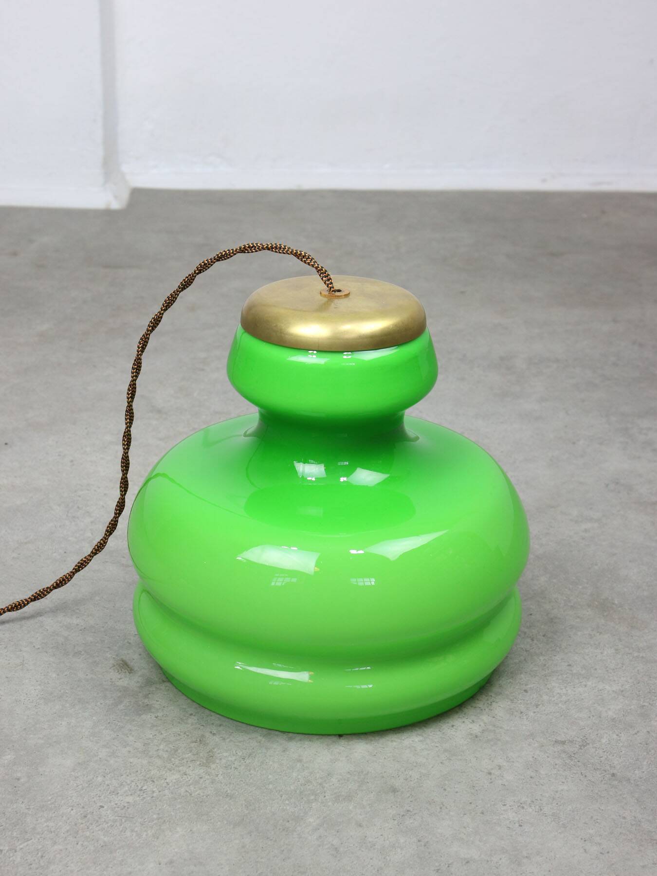 Big Green Mid-century Italian Brass and Glass Pendant Lamp