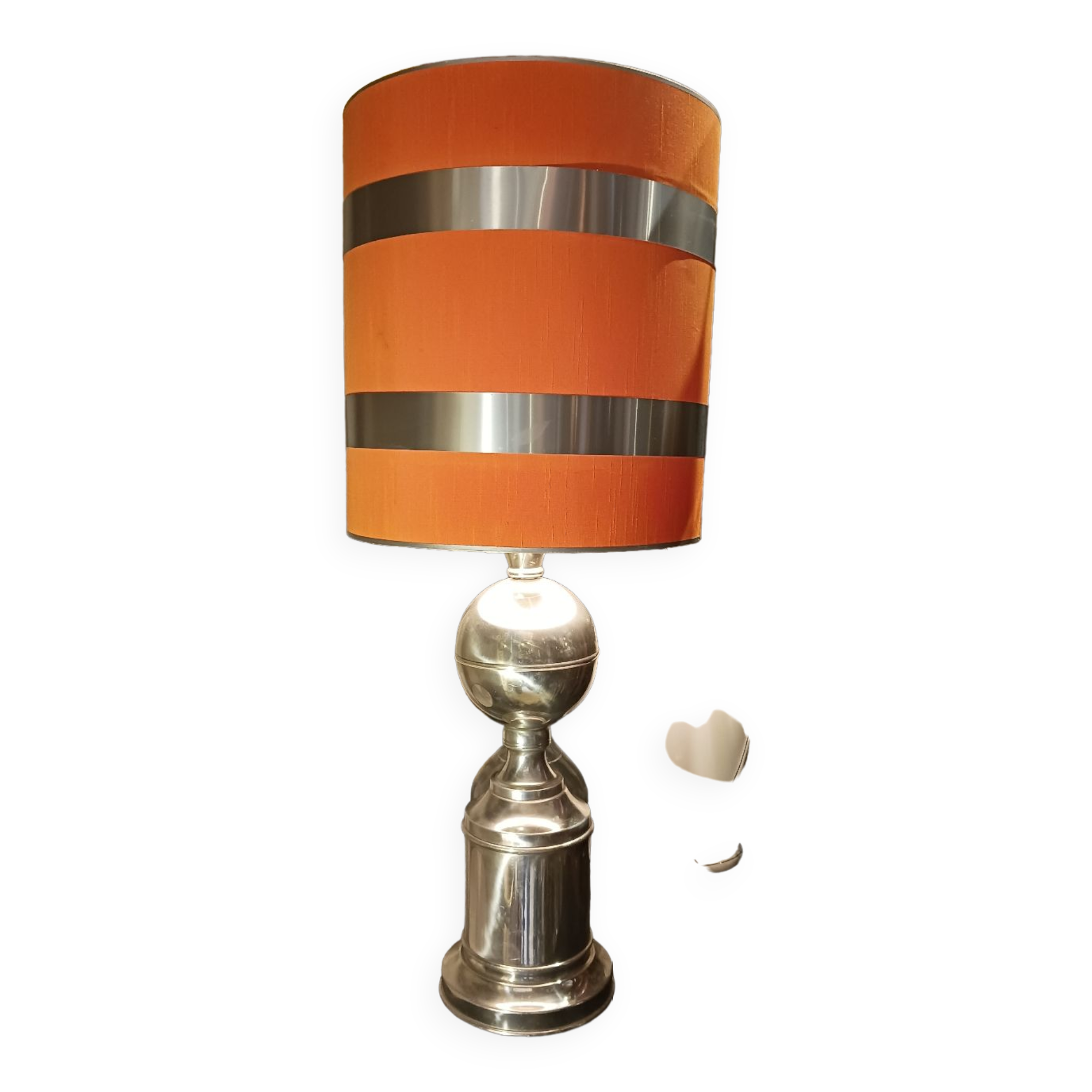 Chrome metal lamp 1970, vintage orange lampshade