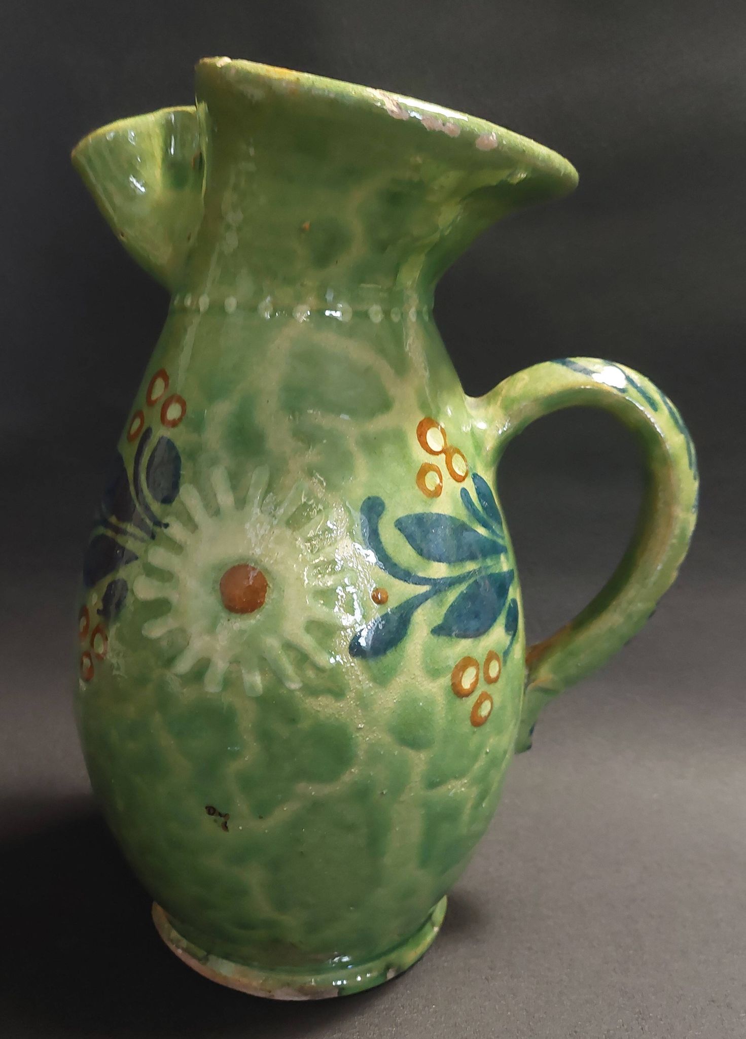 Enamelled terracotta pitcher, Spain, 20th century