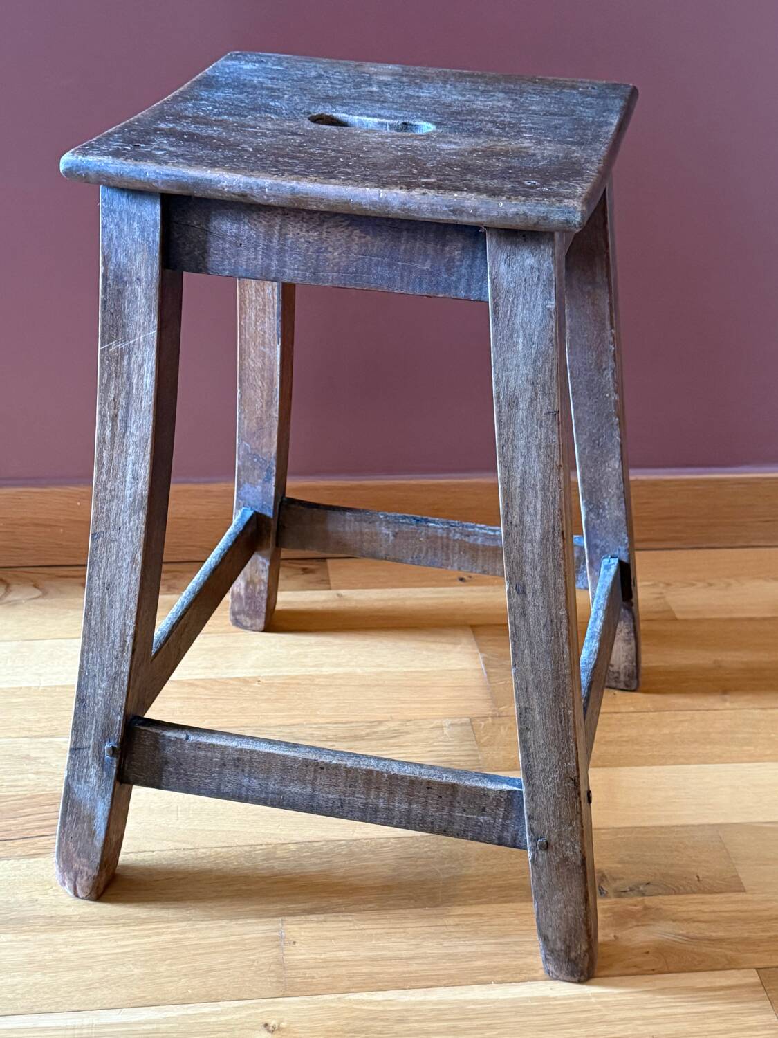 Old workshop stool, solid wood kitchen