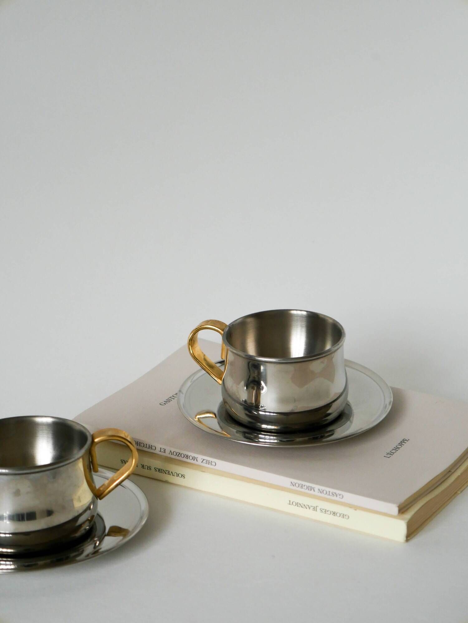 Duo of double-walled stainless steel espresso cups Made in Italy, Design 1970