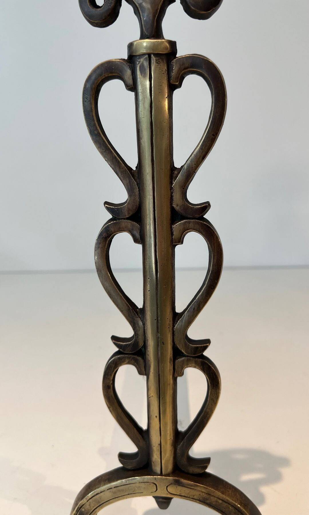 Pair of Brass and Wrought Iron Chenets with Scroll Columns and Arched Bases