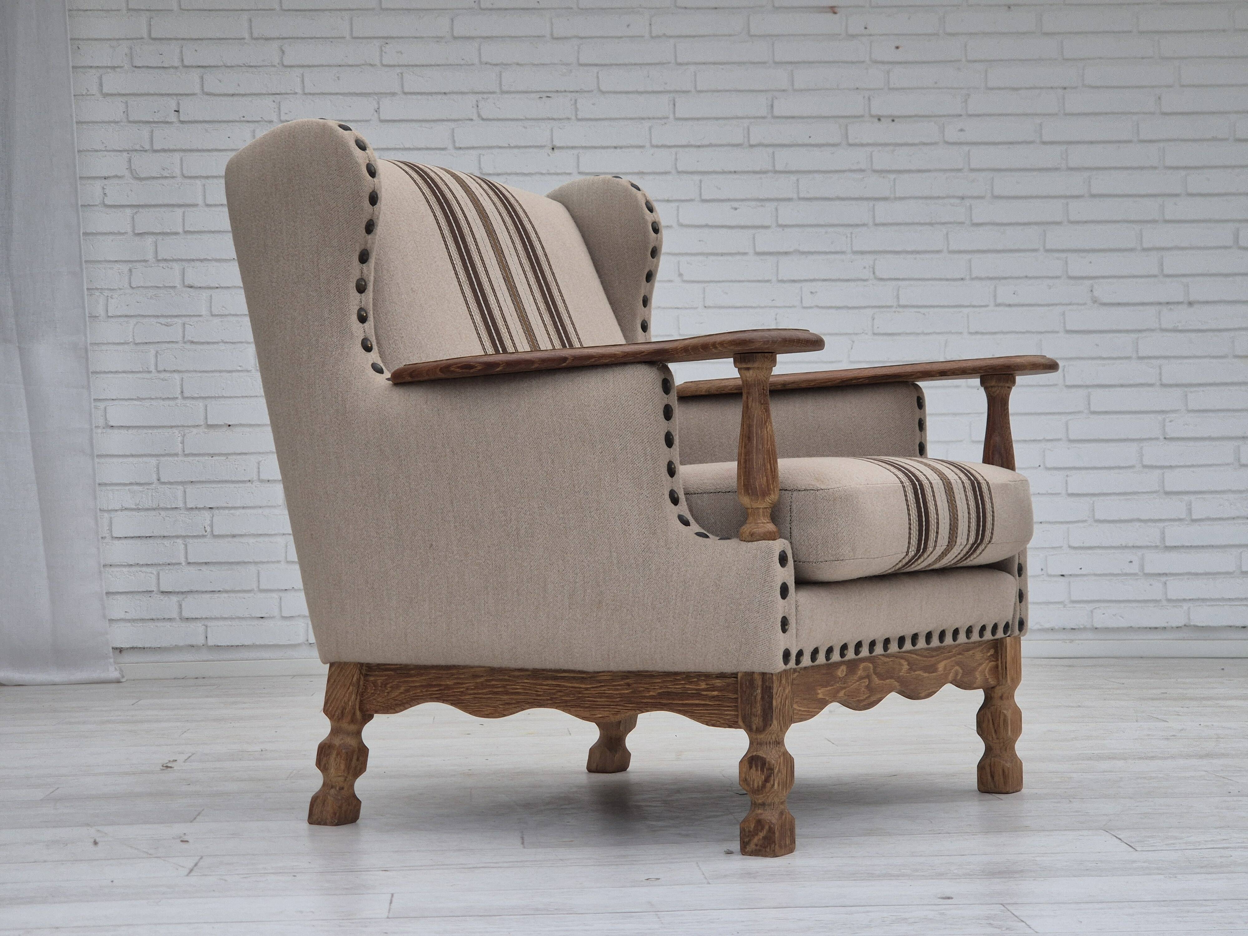 1970s, Danish armchair, furniture wool fabric, oak wood, original condition