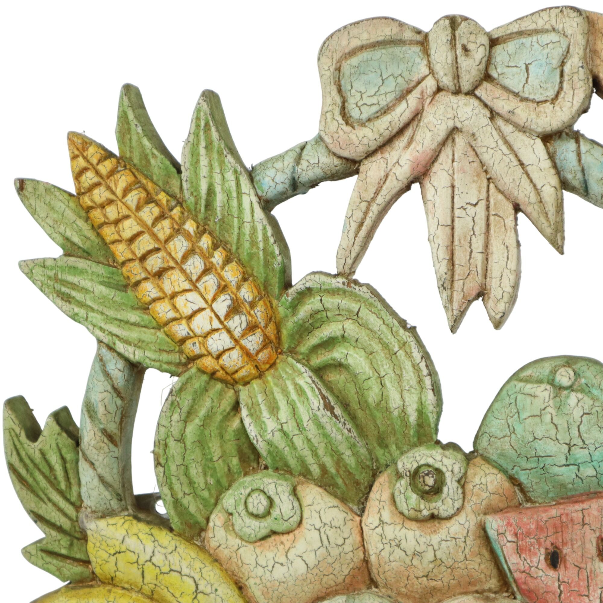 Vintage Fruit Basket with Bow Wood Carving Hand Painted Crackle Wall Decoration 41cm