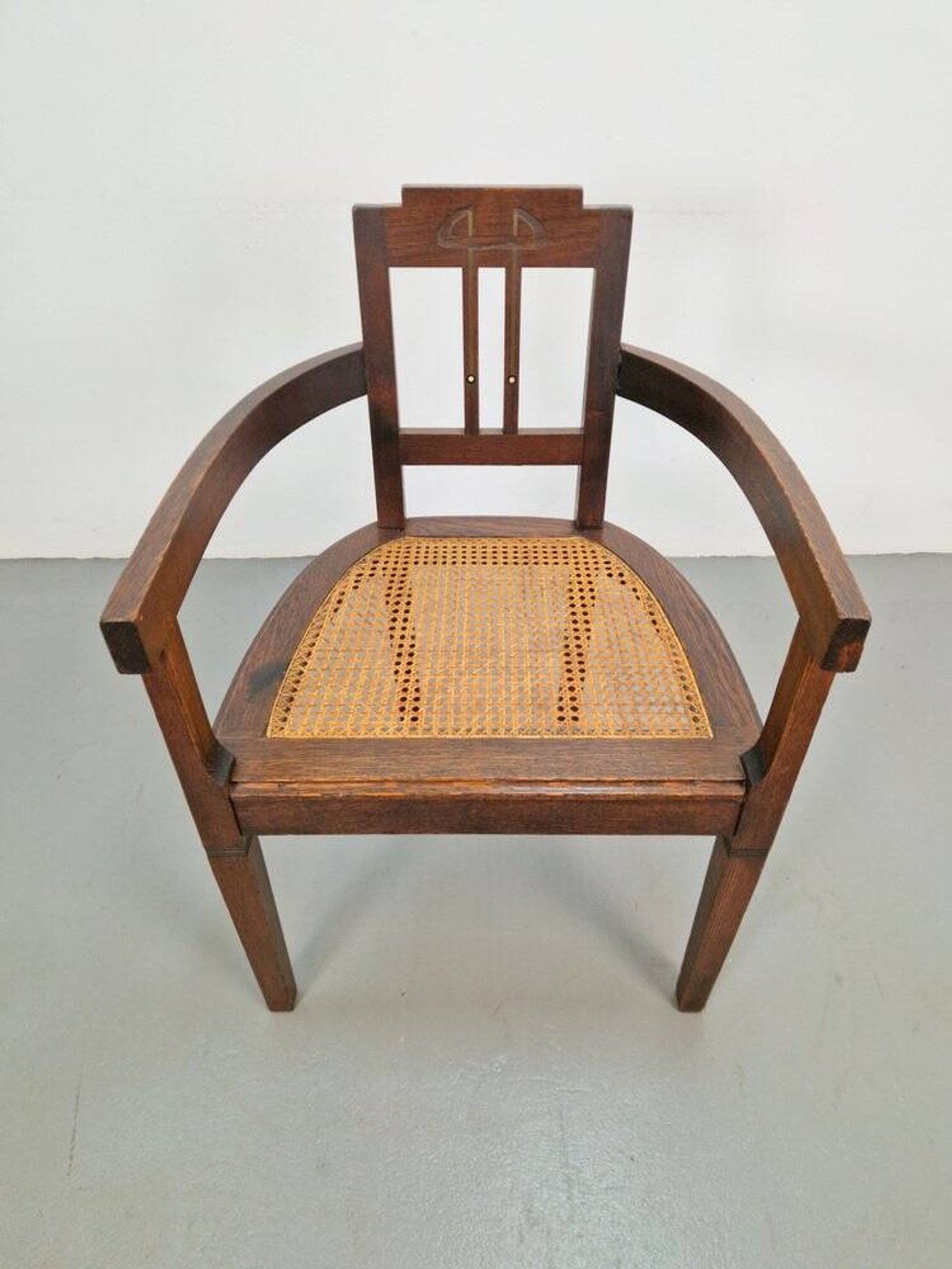 Art Nouveau Deco Armchair in Rattan Webbing, Oak and Copper, 1920s