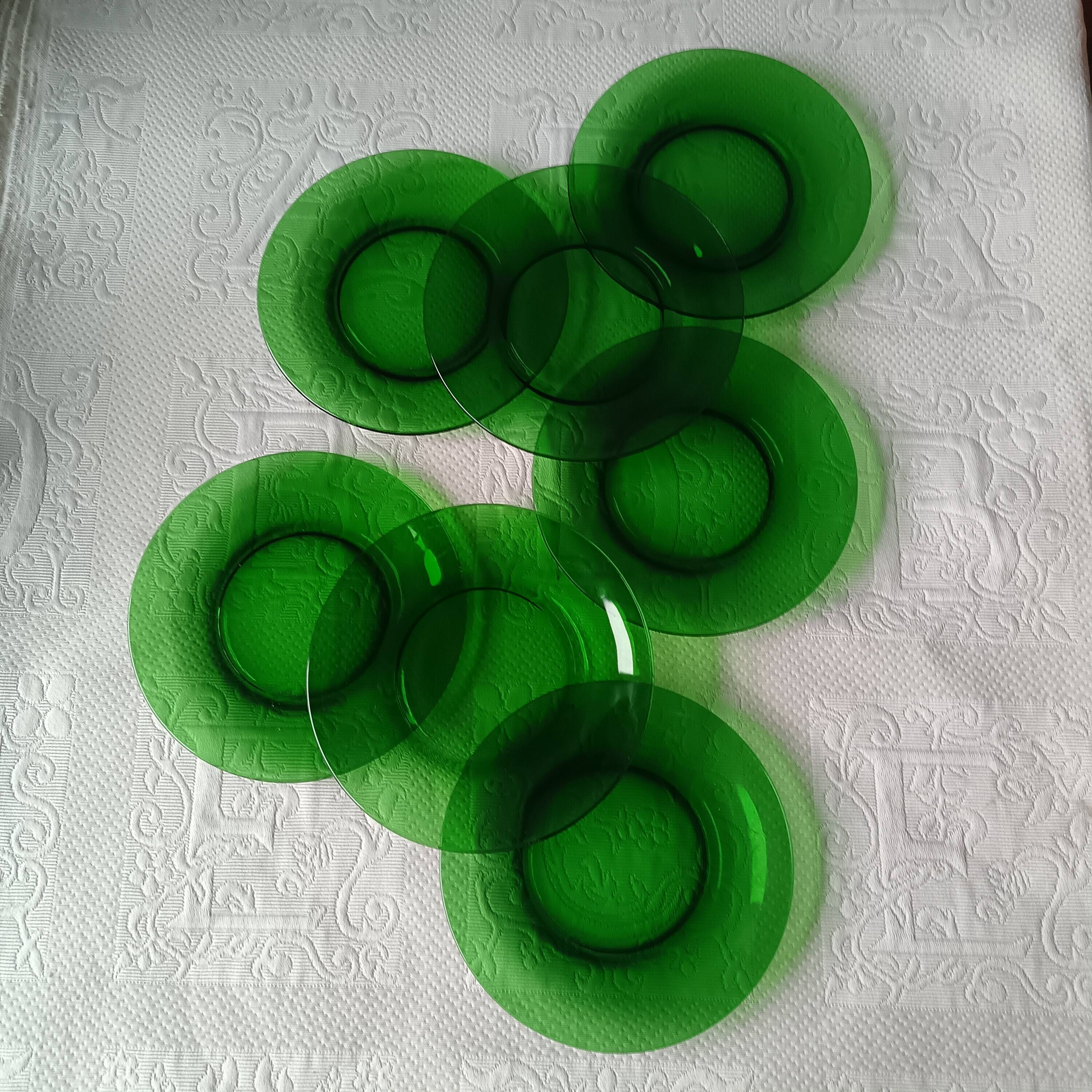 7 green tempered glass dessert plates vereco vintage