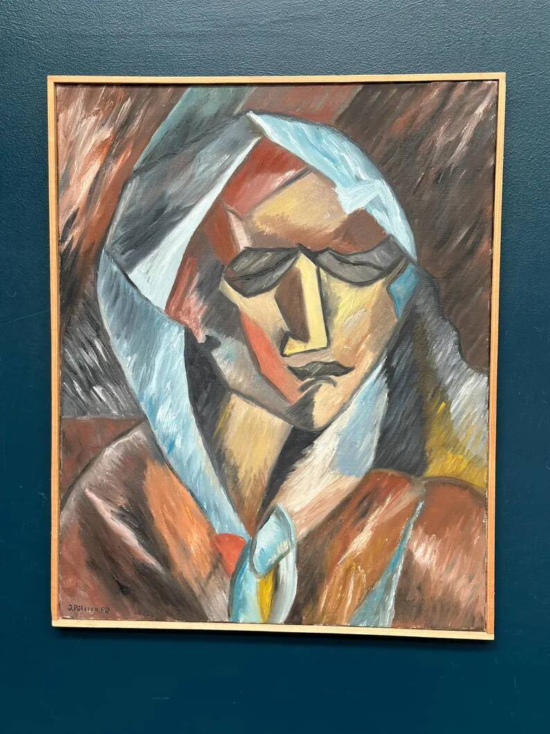 Original Swedish Oil on Canvas – “Cubist Woman Portrait” by Jan Pålsson – Signed – Dated 1980 – Vintage & Framed – 77 × 62 cm