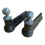 Paire de chenets cheminée napoleon 3 néoclassique fonte + boule laiton