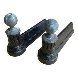 Pair of napoleon 3 neoclassical cast iron fireplace andirons + brass ball