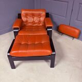 Vintage 1970s armchair with ottoman, leather and wood