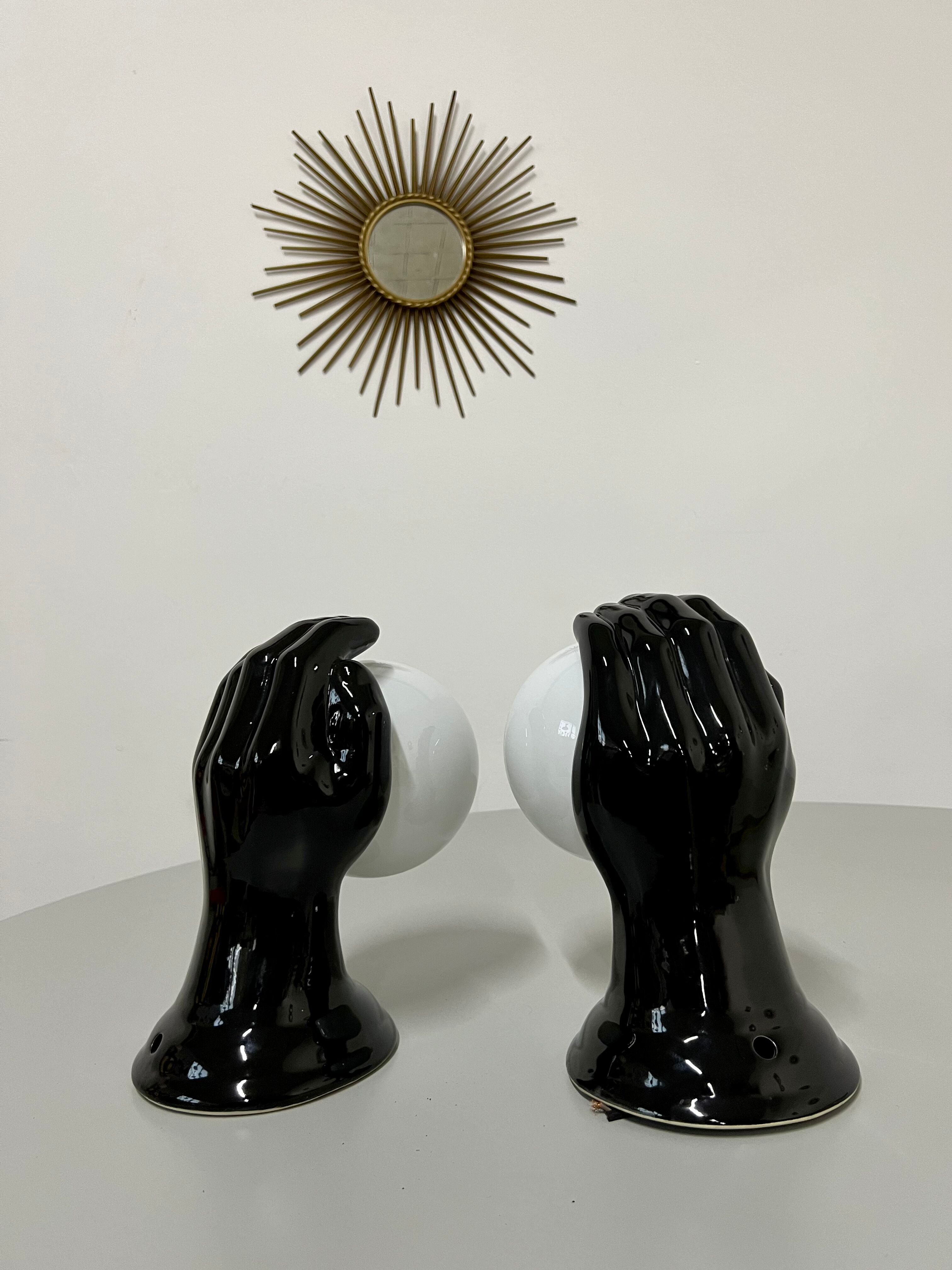2 black ceramic hand lamps from the 70s / vintage and opaline lamp