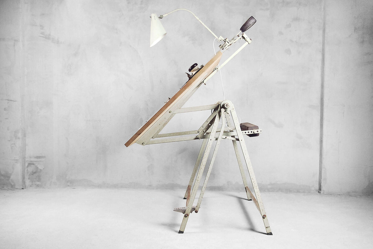 Dutch industrial drawing or architect's table witch lamp from rotanex-pool, 1950s