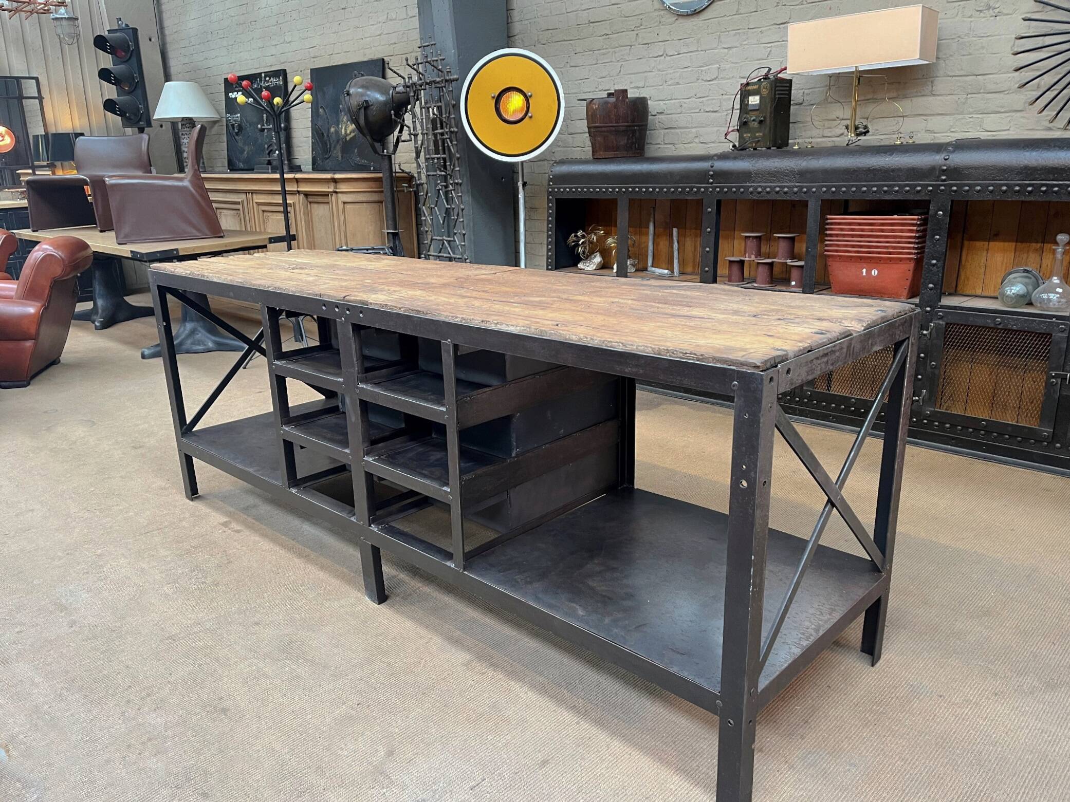Industrial sideboard from metal and wood factory 1950