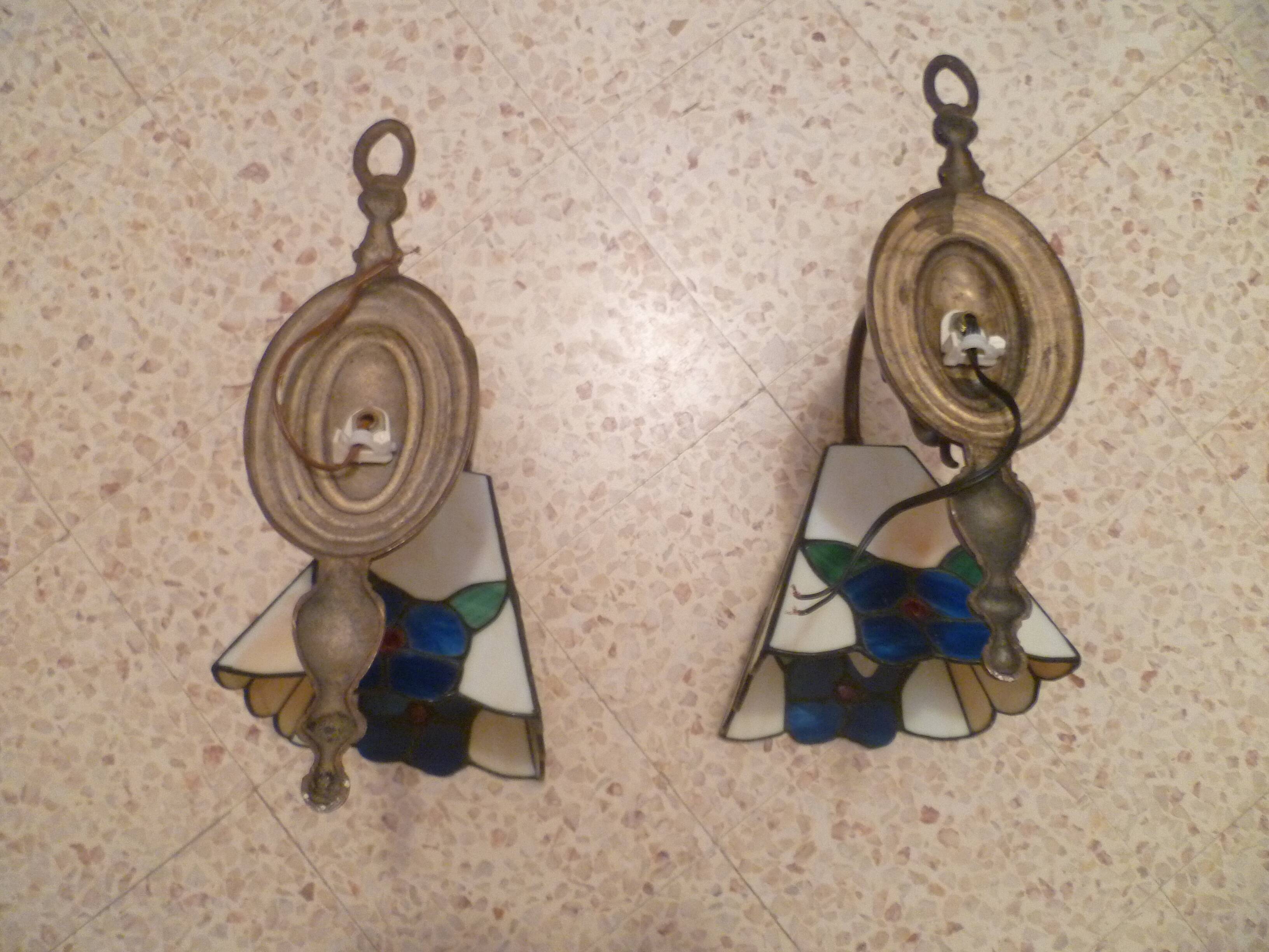 Pair of brass and color mosaic wall lights with floral pattern from the 70's