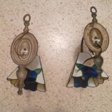 Pair of brass and color mosaic wall lights with floral pattern from the 70's