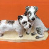 Zoomorphic sculpture cracked ceramic fox terrier dogs