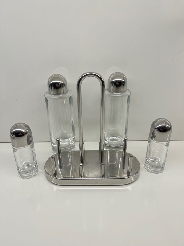 Alessi – 5070 – Ettore Sottsass – Service à condiments – Inox & verre