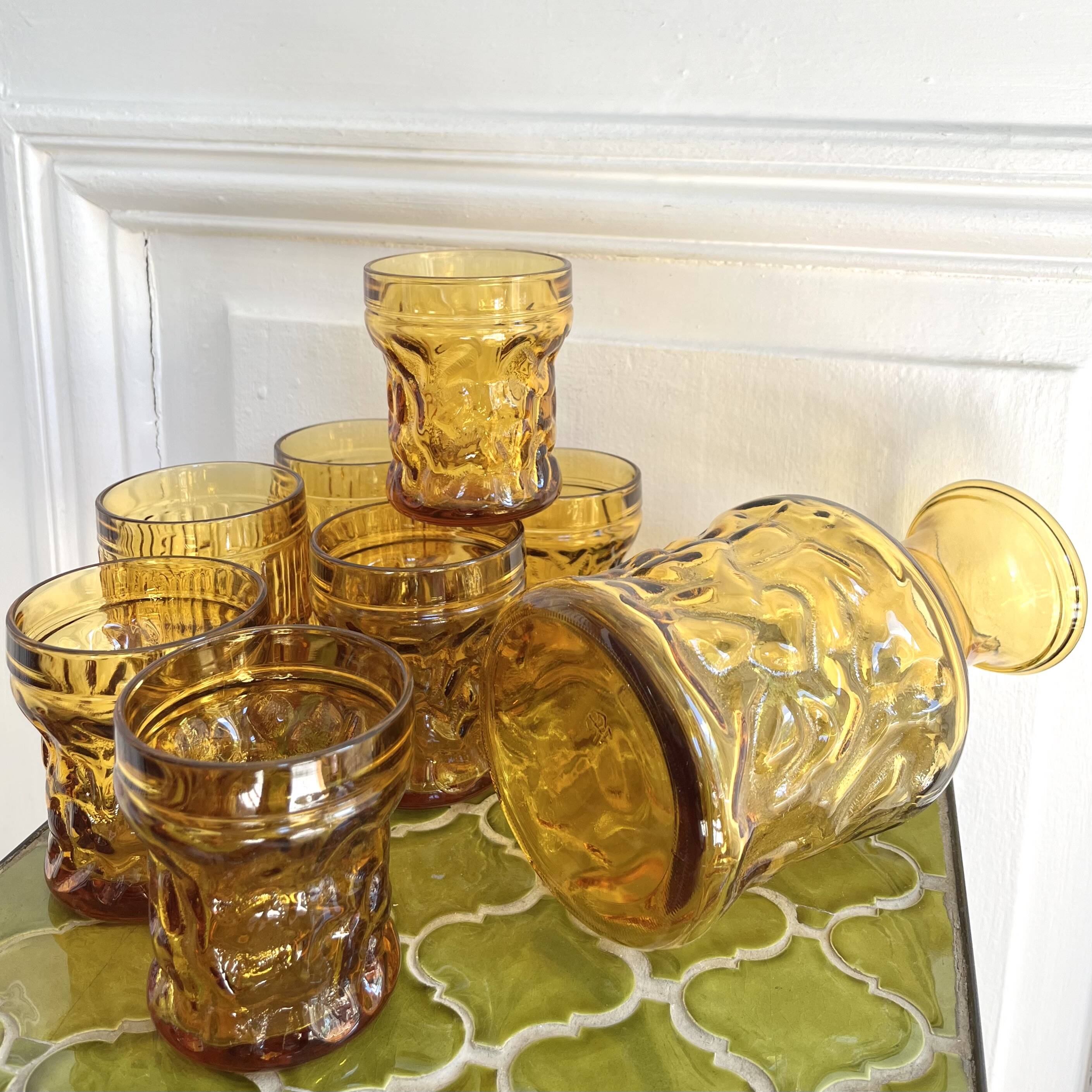 7 amber glasses and carafe Italy 70s