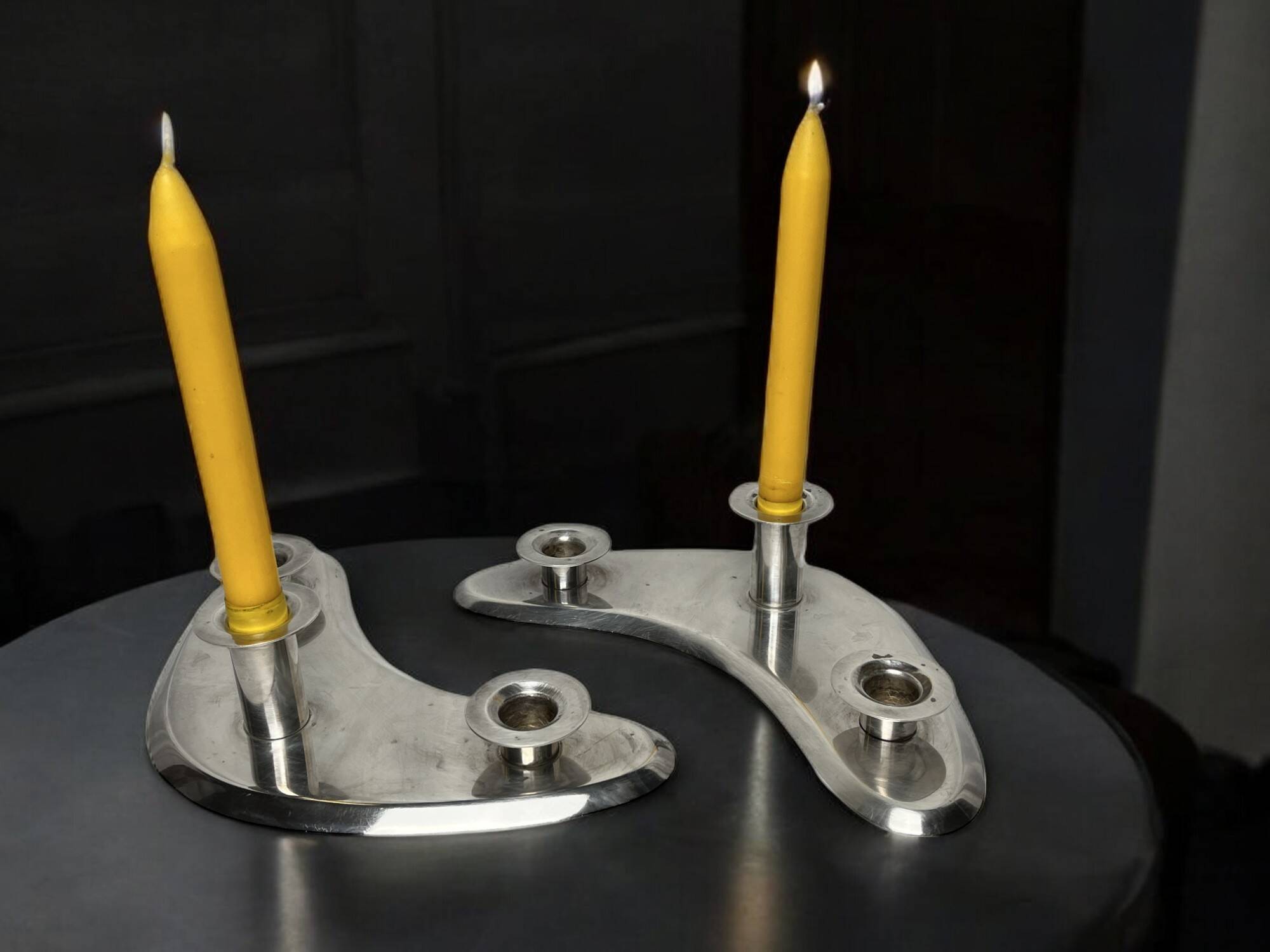Ercuis, pair of 20th century silver-plated boomerang candlesticks