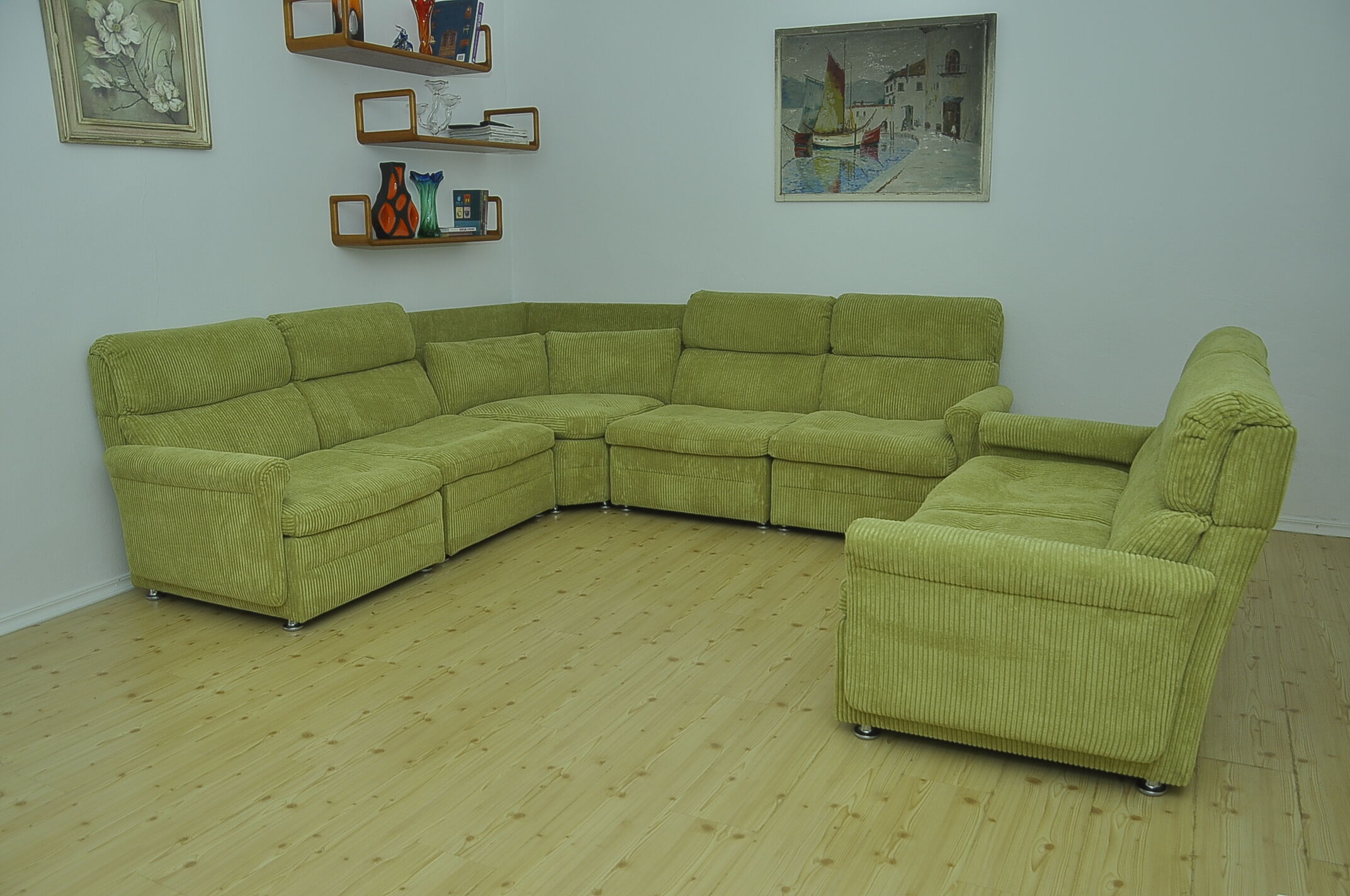 Green corduroy modular sofa from the 70s, 7 pieces