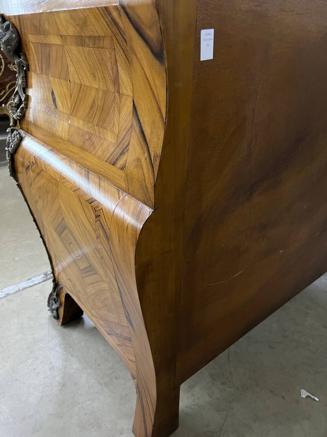 Louis XV style tomb chest of drawers in marquetry and marble