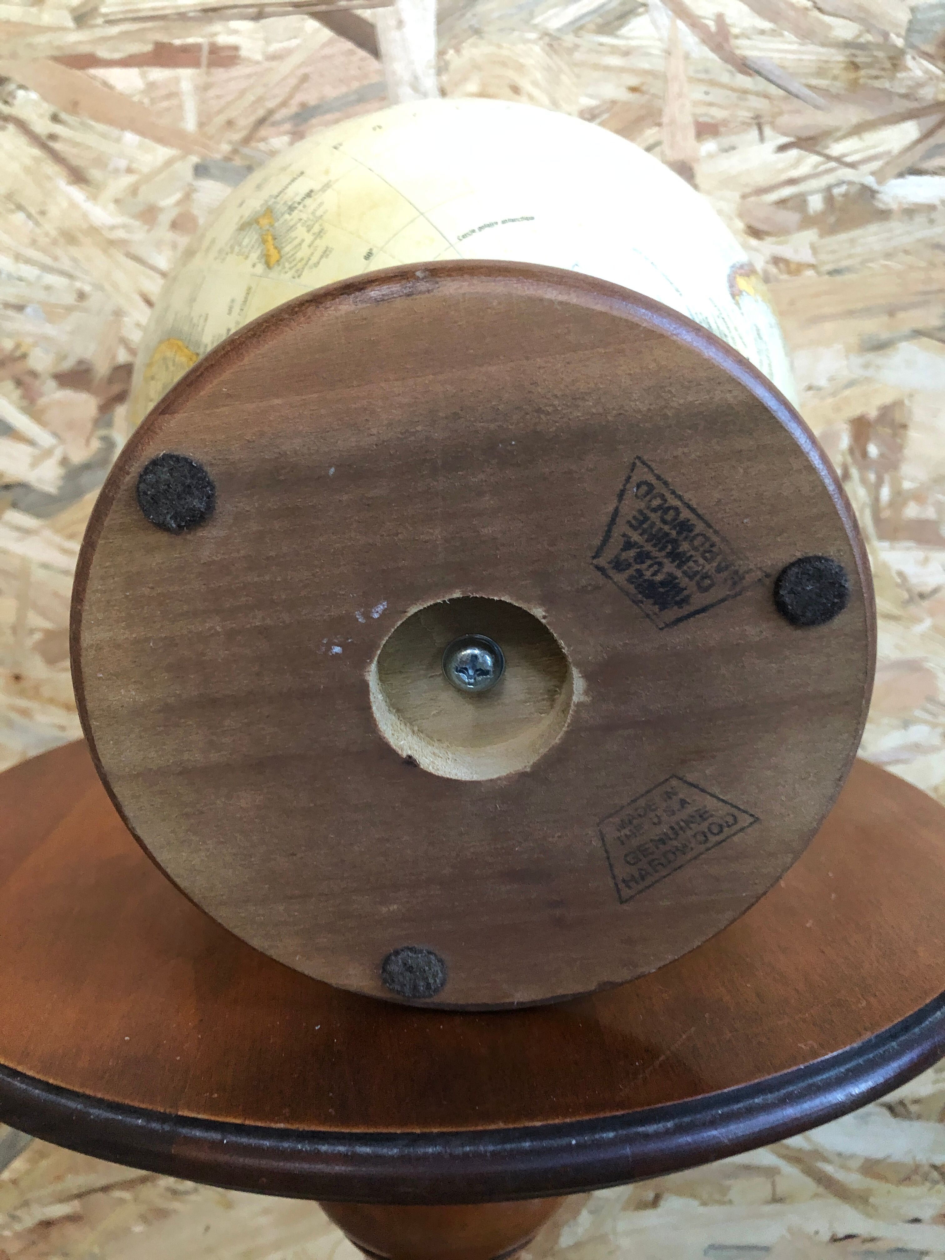 Old globe world map with arch + vintage wood base