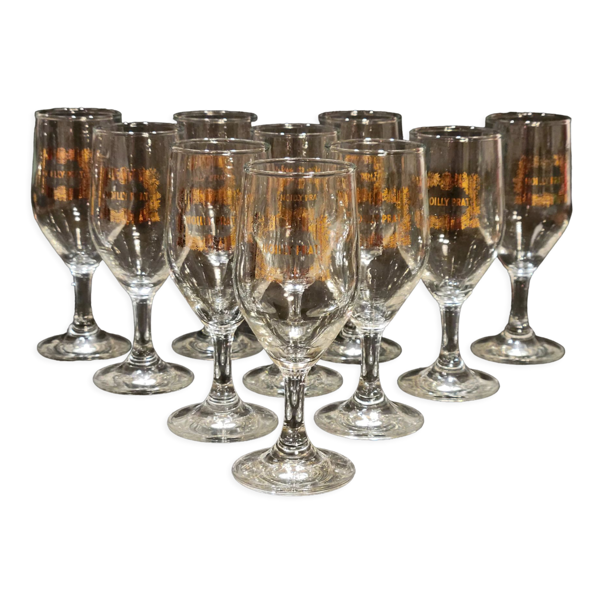 Vintage 10 glasses aperitif Noilly Prat on foot with golden inscription