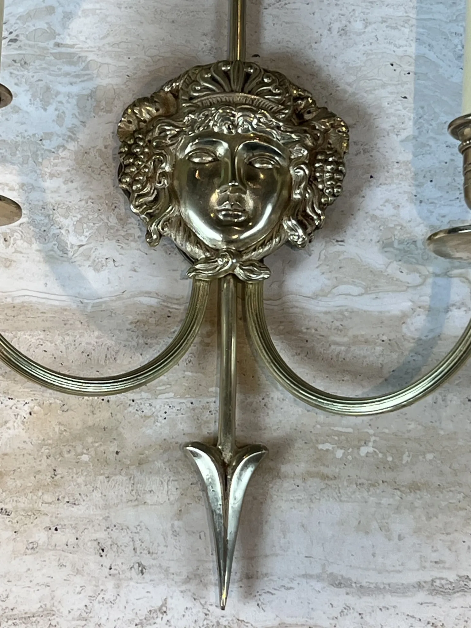 Pair of Two-Arm Bronze Wall Lights with Arrow and Mask Decoration
