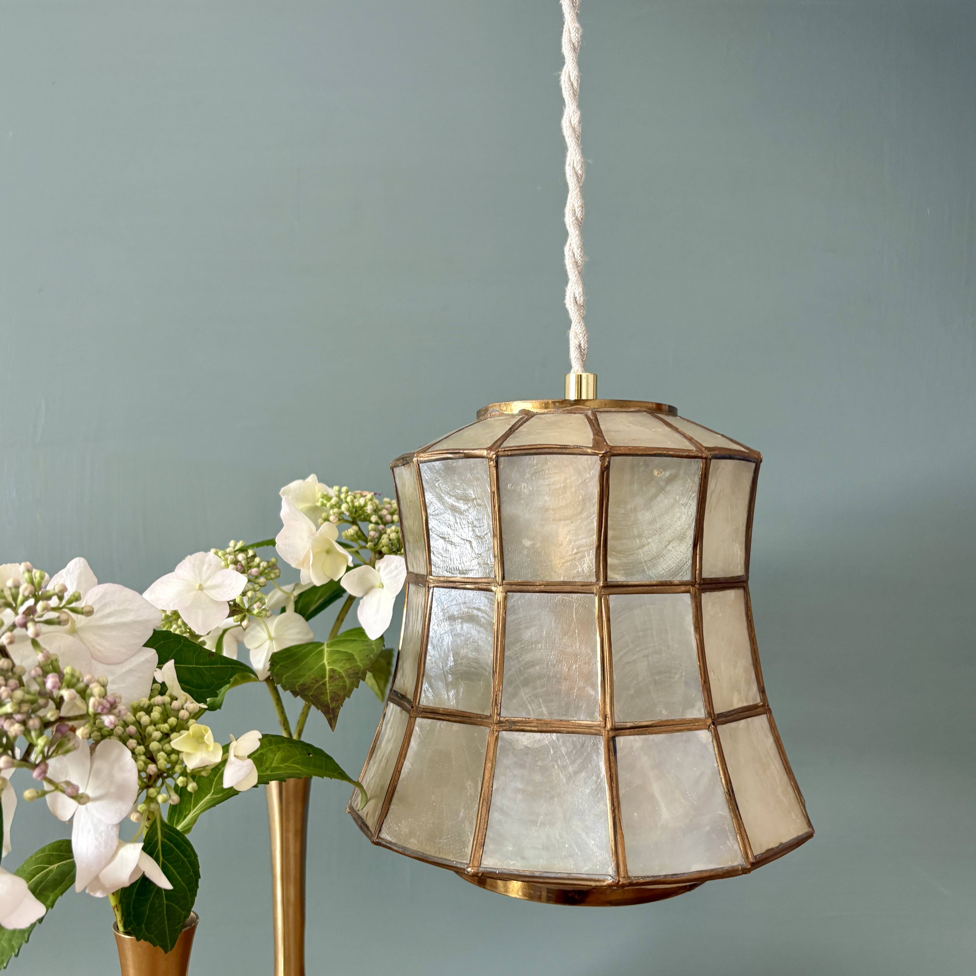 Vintage mother-of-pearl and brass lampshade pendant light