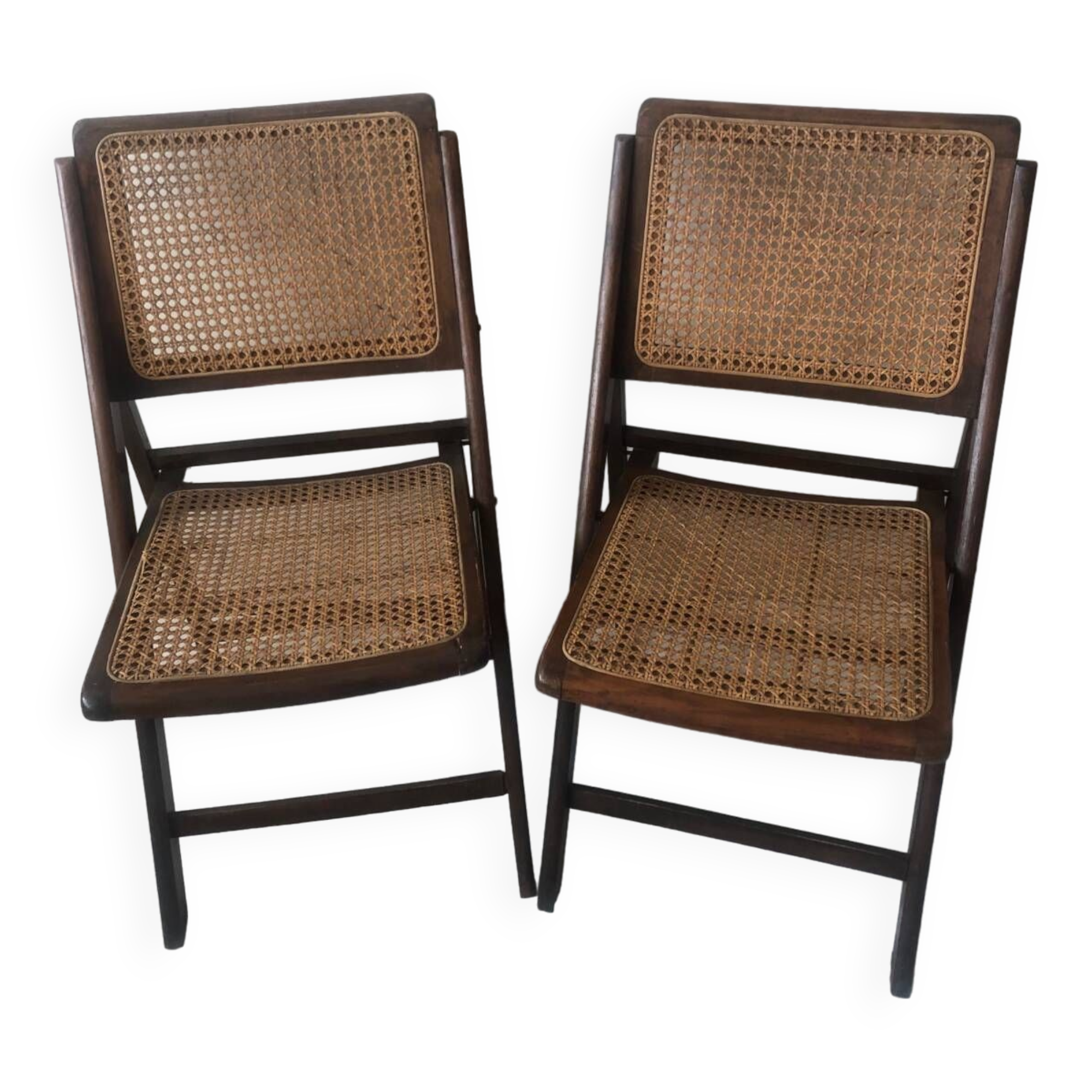 Pair of folding chairs in cane and dark wood