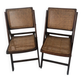 Pair of folding chairs in cane and dark wood