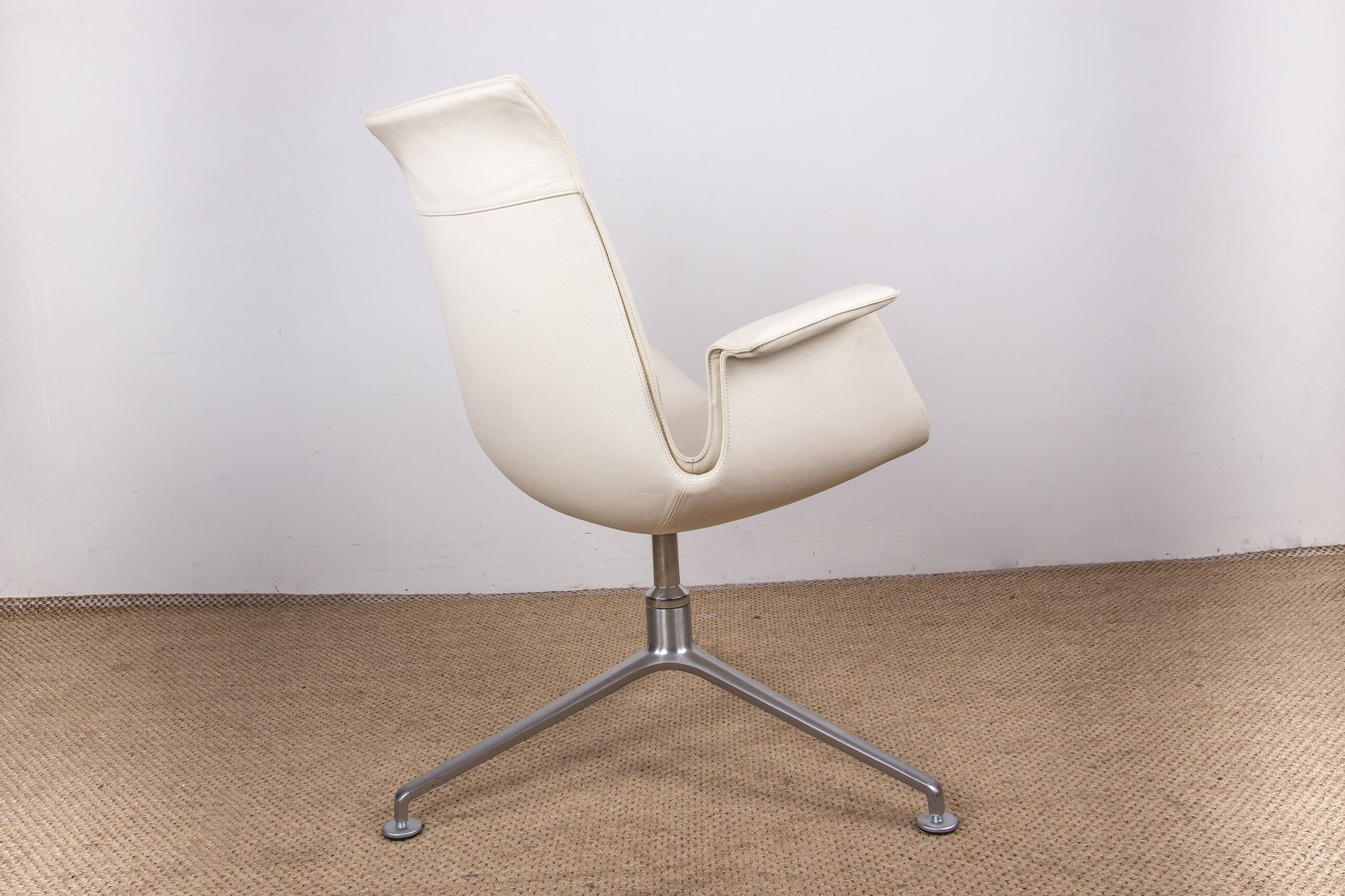 Danish armchair, white leather + chrome steel, model fk 6725 or “tulip chair”, preben fabricius/knoll