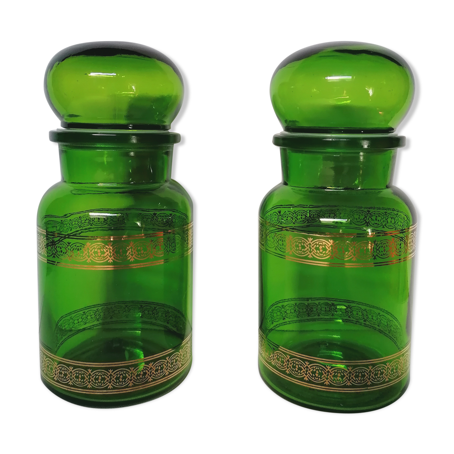 Pair green apothecary jar