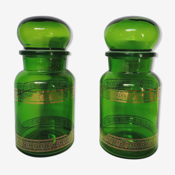 Pair green apothecary jar