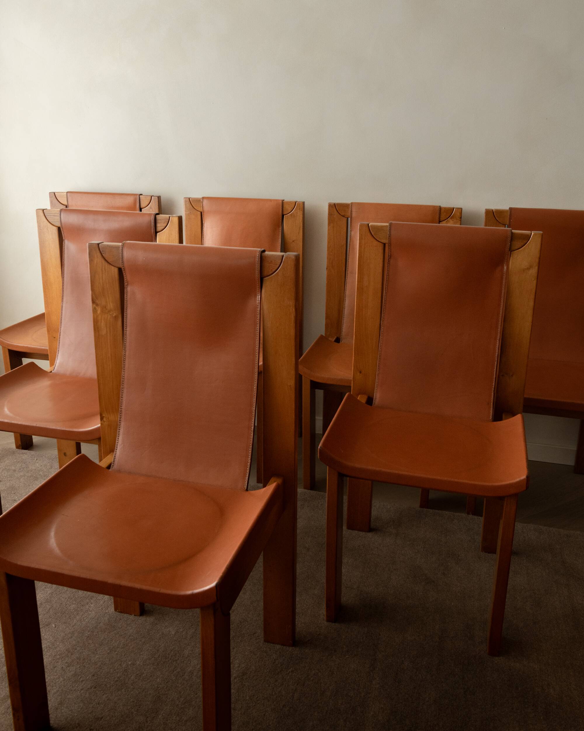 Wood Leather Dining Chairs Luigi Gorgoni Roche Bobois, 1970s, Set of 7