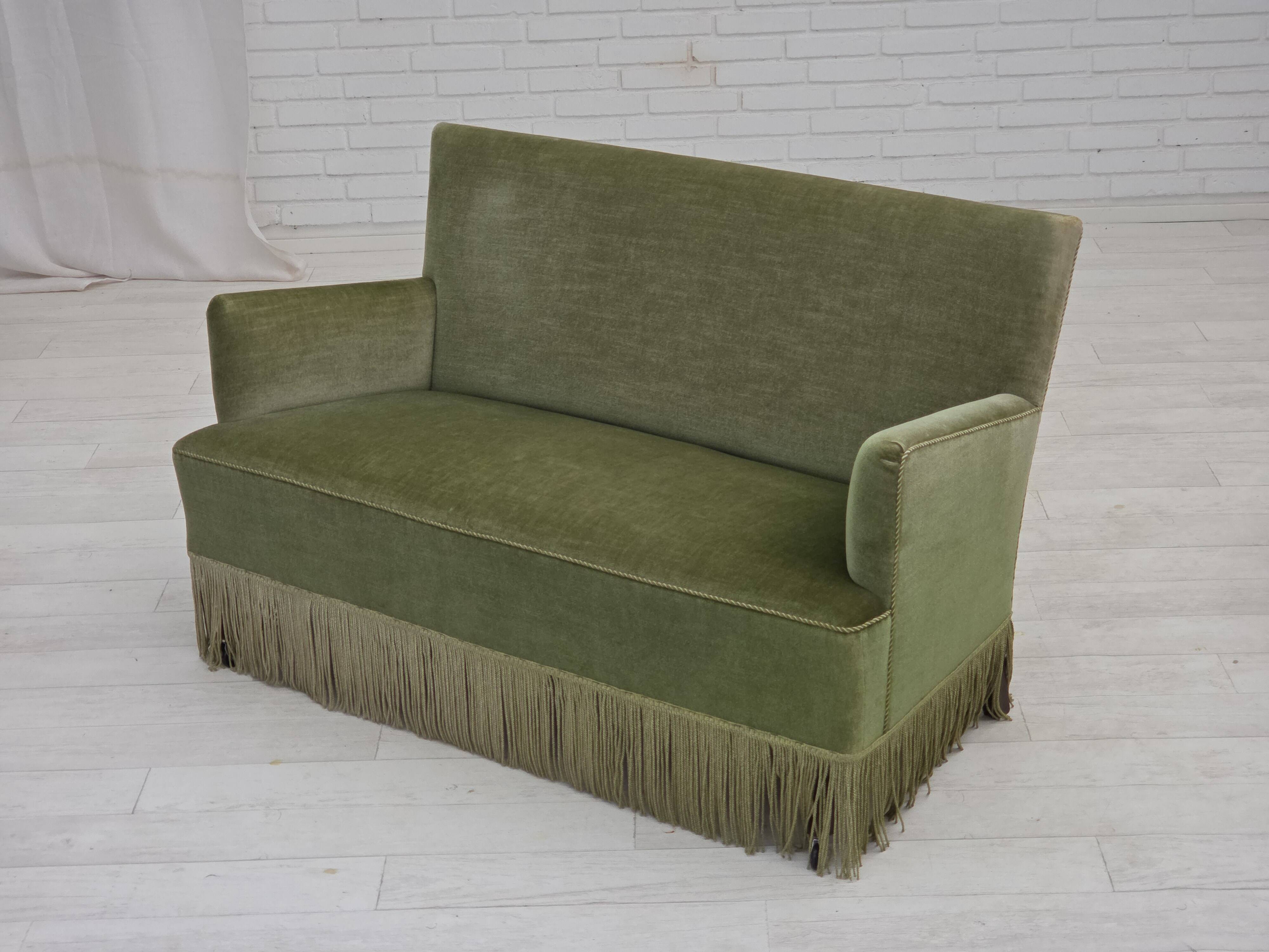 1970s, Danish 2-seater sofa, green furniture velour, beech wood legs.