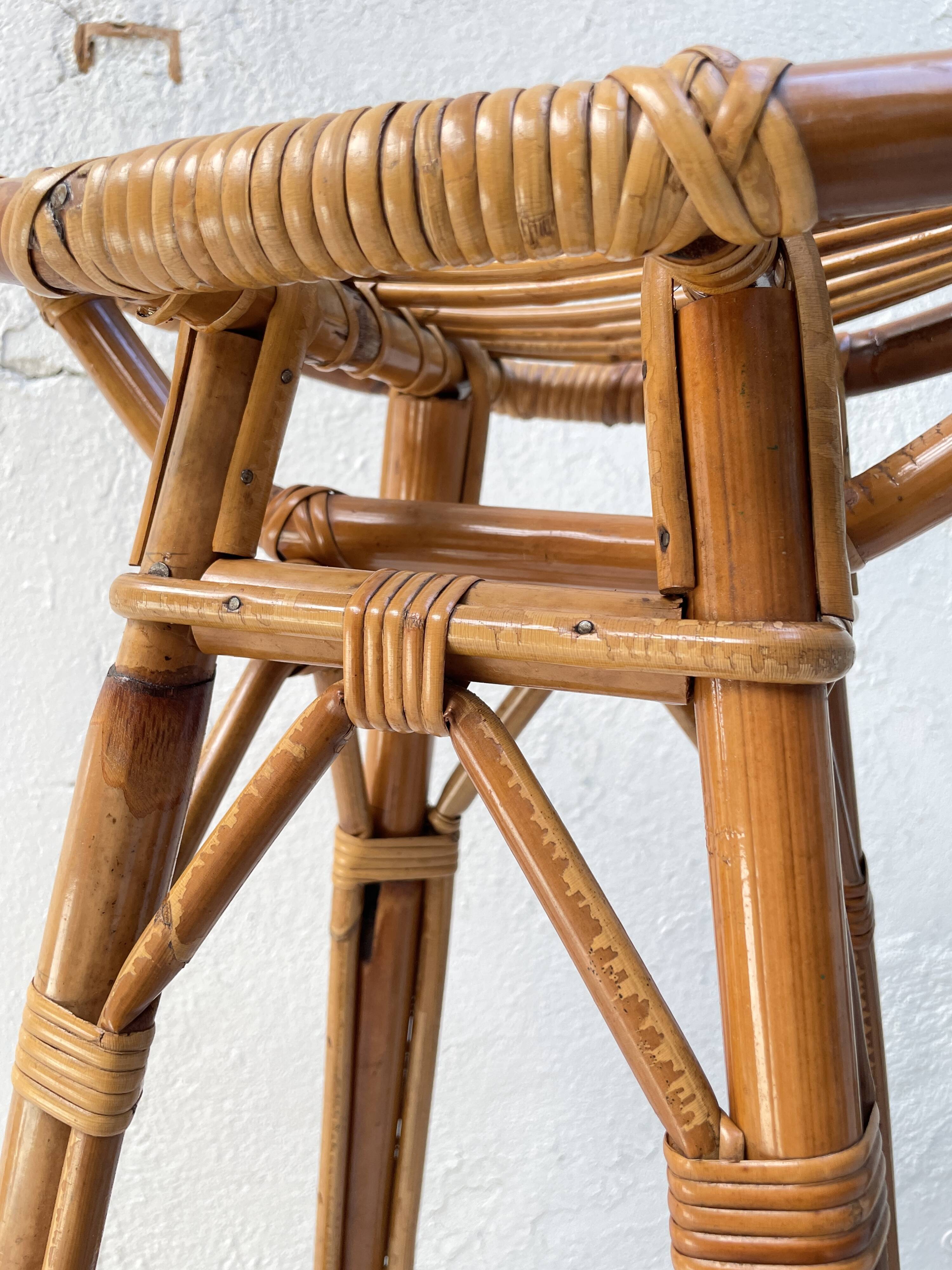 High stool in bamboo and rattan, circa 1960.